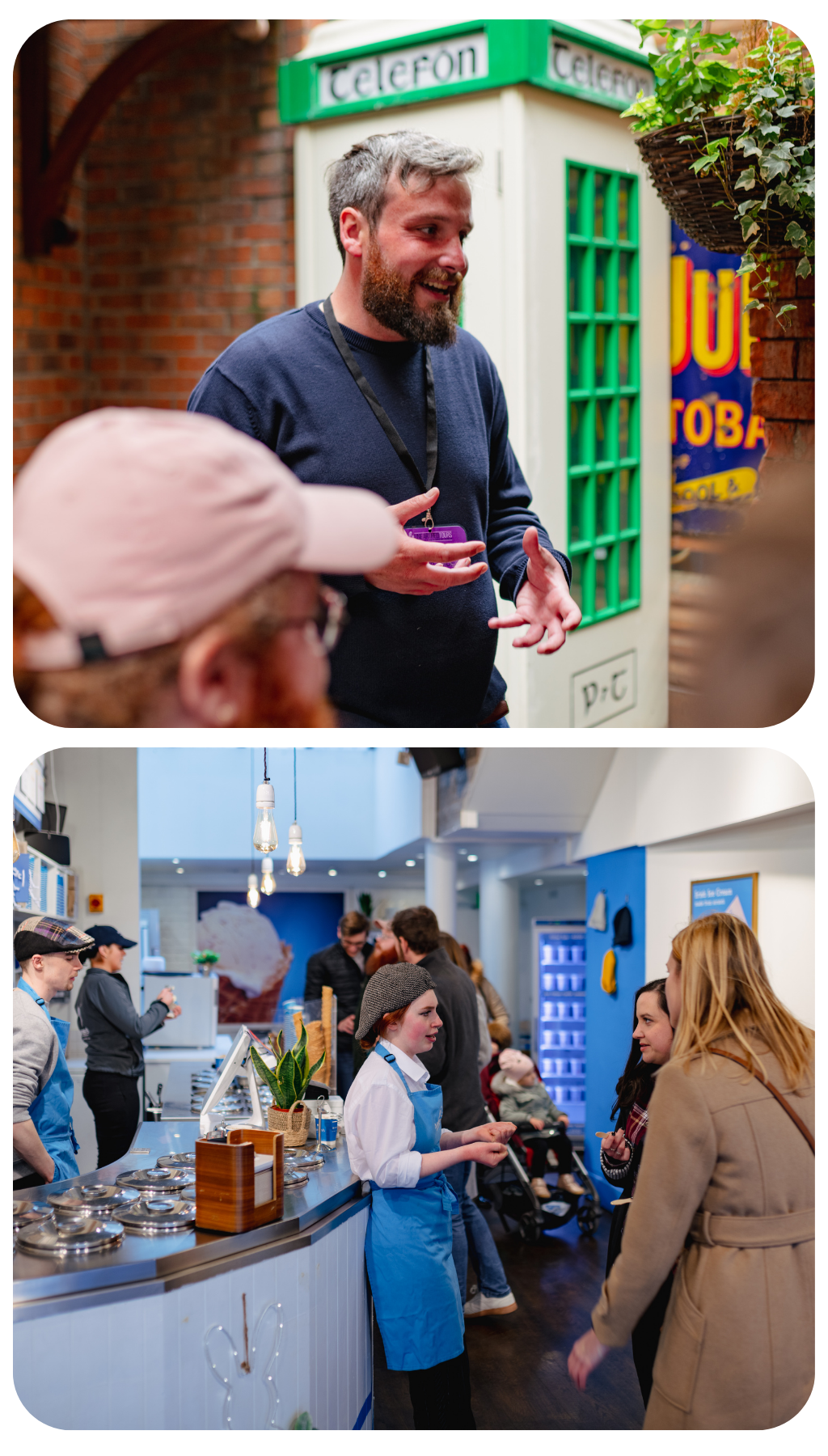 A tour guide inside a pub giving information to guests about local whiskey and a local ice retailer providing free samples of ice cream to guests on a tour