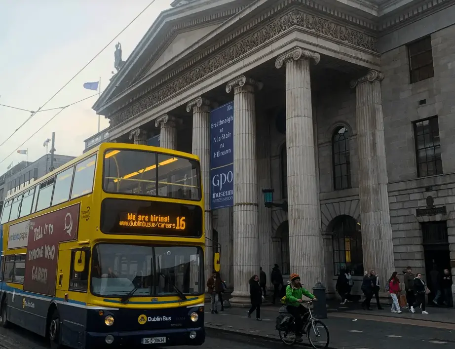 The number 16 dublin bus route driving through the city from the airport to o'connell street